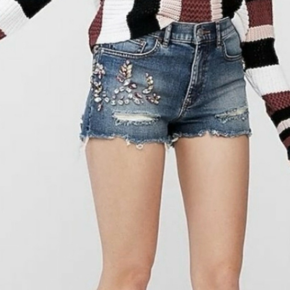 Express Distressed High Rise Boho Cut Off Denim Shorts w/ Rhinestone Details 0 - Picture 2 of 12